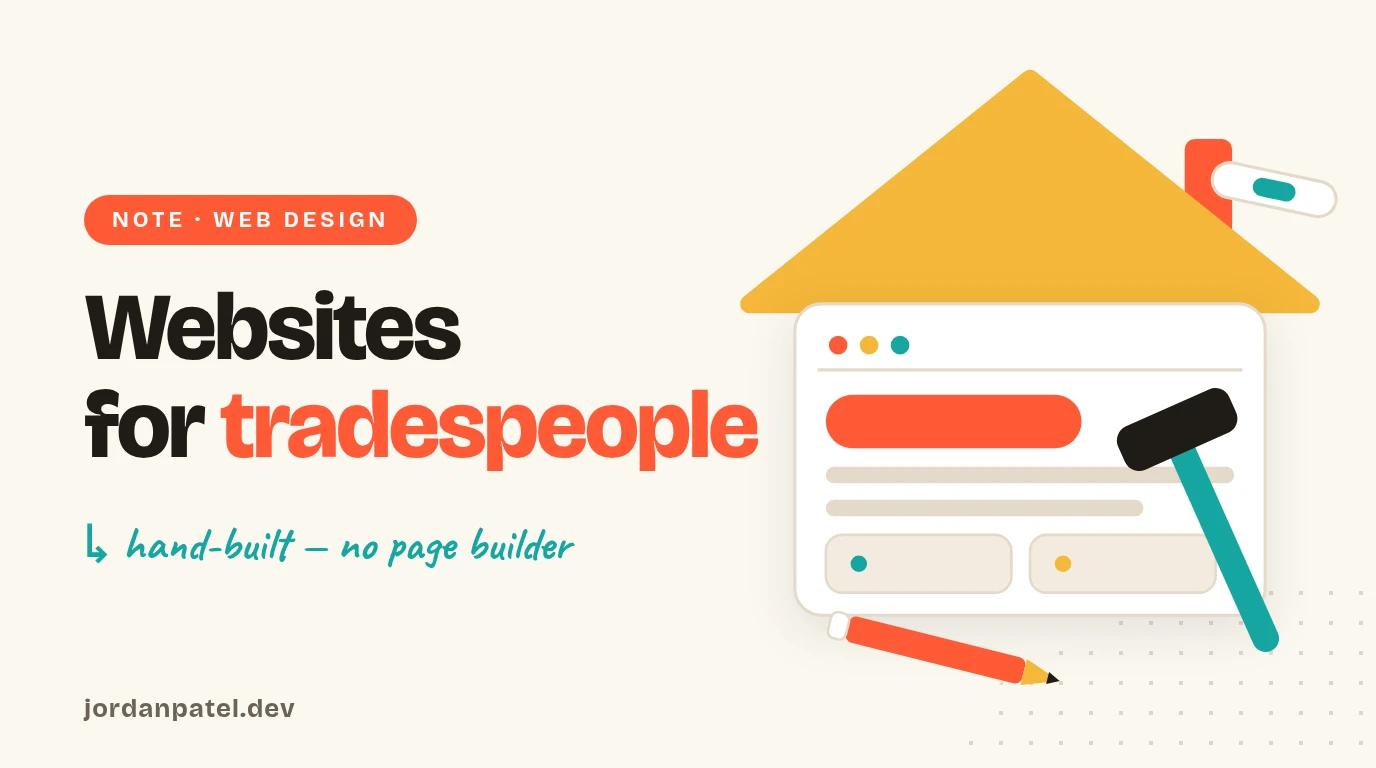 Illustration: a browser window with a house roof, hammer and pencil — a hand-built website
